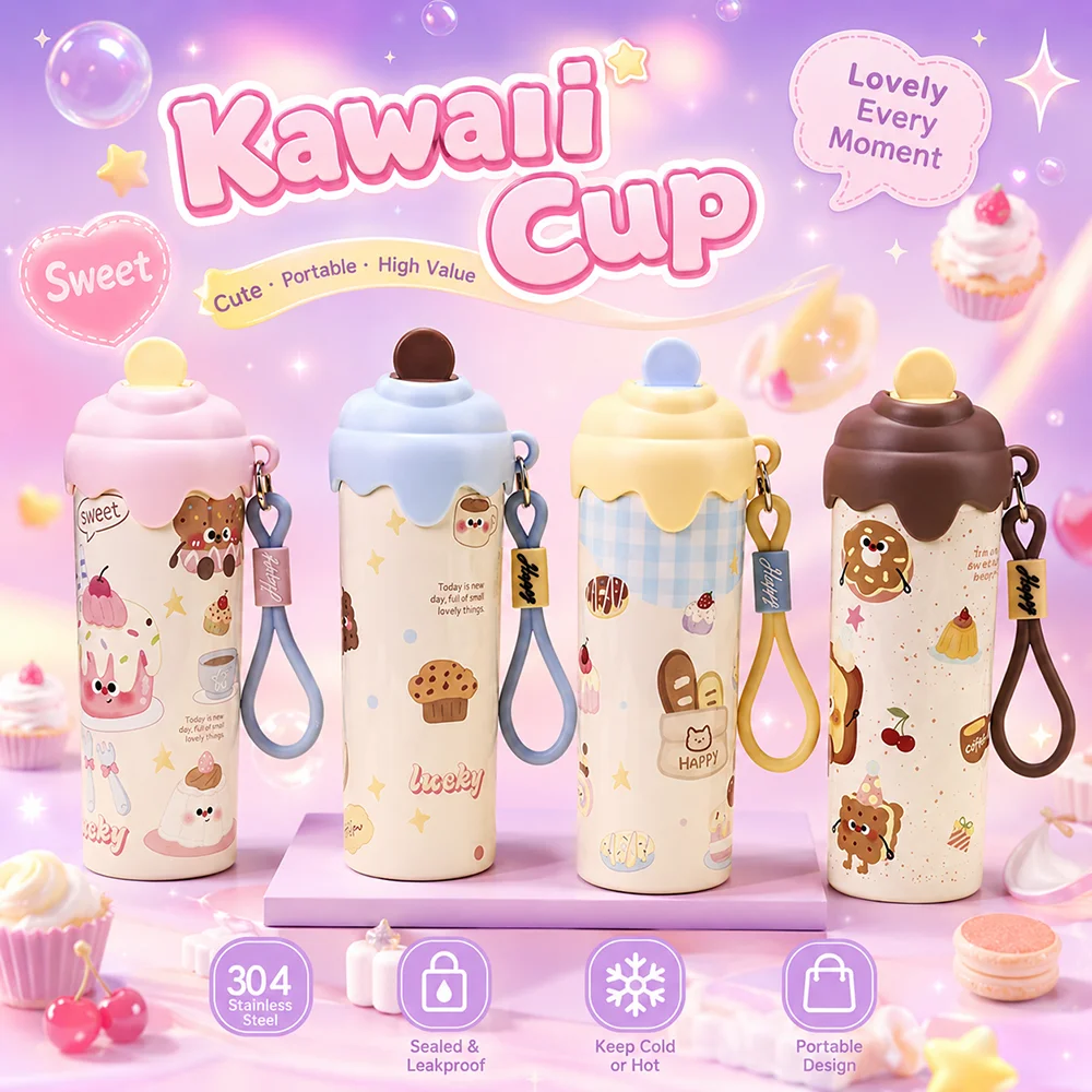600ML Cute Stainless Steel Vacuum Water Bottle with Straw Portable Leakproof Thermal Cup Kawaii Tumbler Girl Holiday Gifts