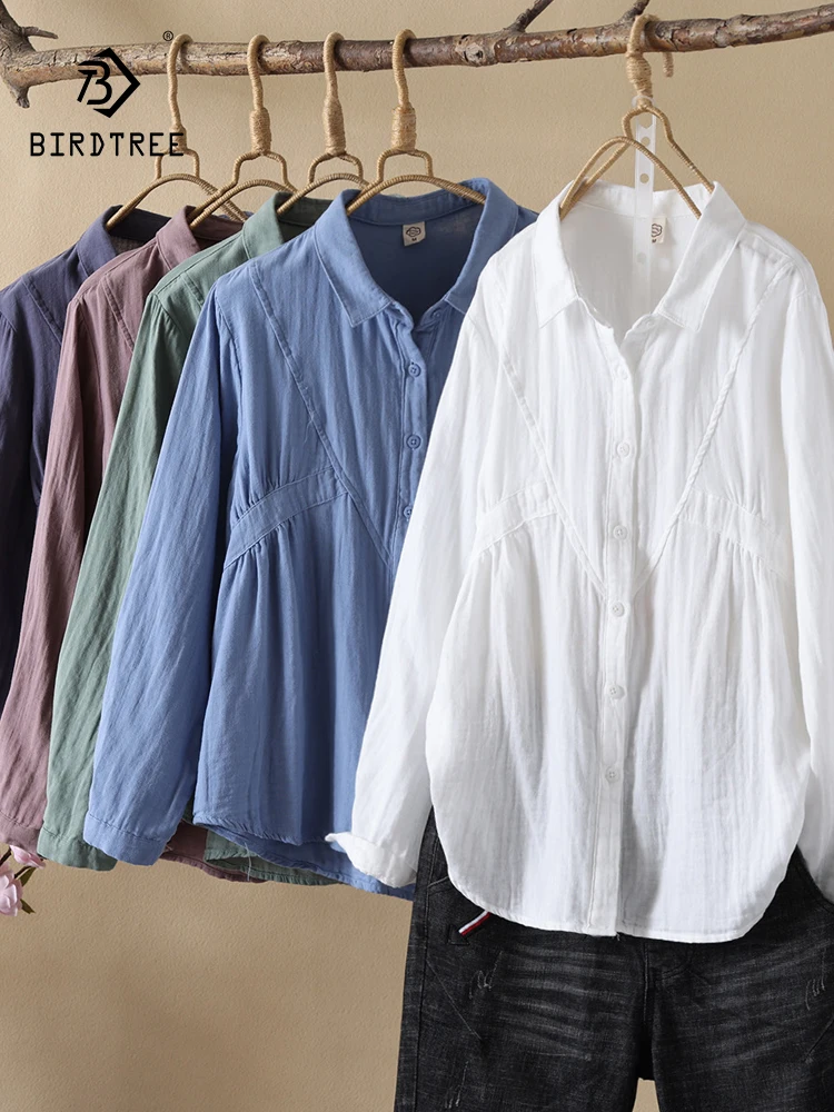 

New Summer Cotton Yarn Long Sleeve Shirt, Women Lapel Solid Top, Mori Girl Casual Commute Versatile Loose Blouses, Fall T47976QC