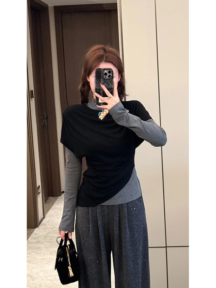 

Зимний вязаный свитер из полиэфирного волокна, приятный к телу, с эффектом двухслойности, облегающий, повседневный, с воротником-стойкой