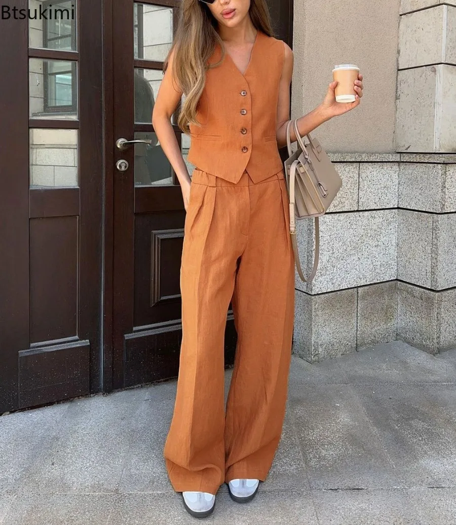 New Women's Linen Cotton Sleeveless Vest+Mid-Rise Wide‑Leg Pants Two‑Piece Set Summer Chic Elegant Office Casual Business Outfit