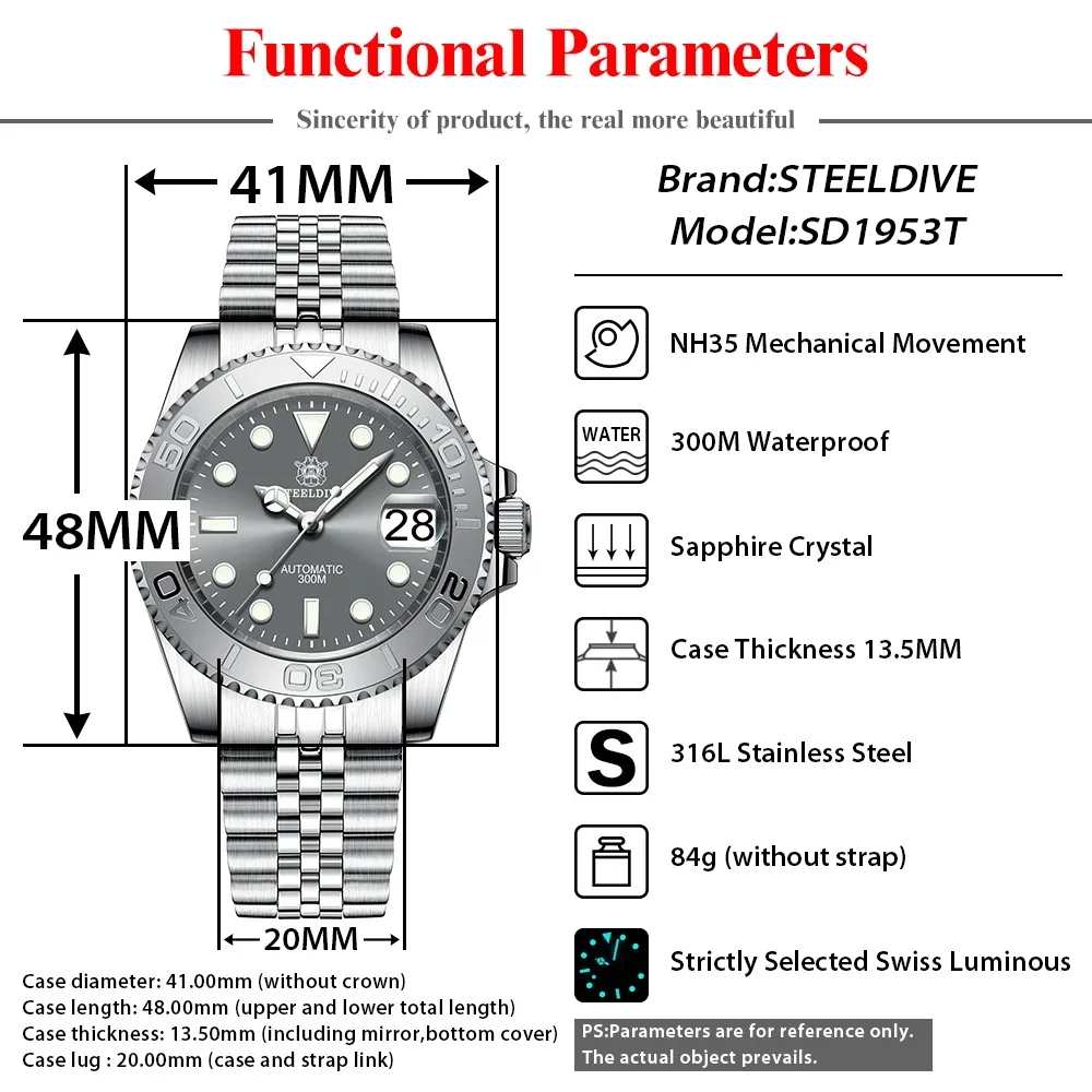 STEELDIVE SD1953T Fashion Mechanical Men\'s Watches BGW9 Luminous NH35 Movement 30ATM Water Resistant Dive Date Clock