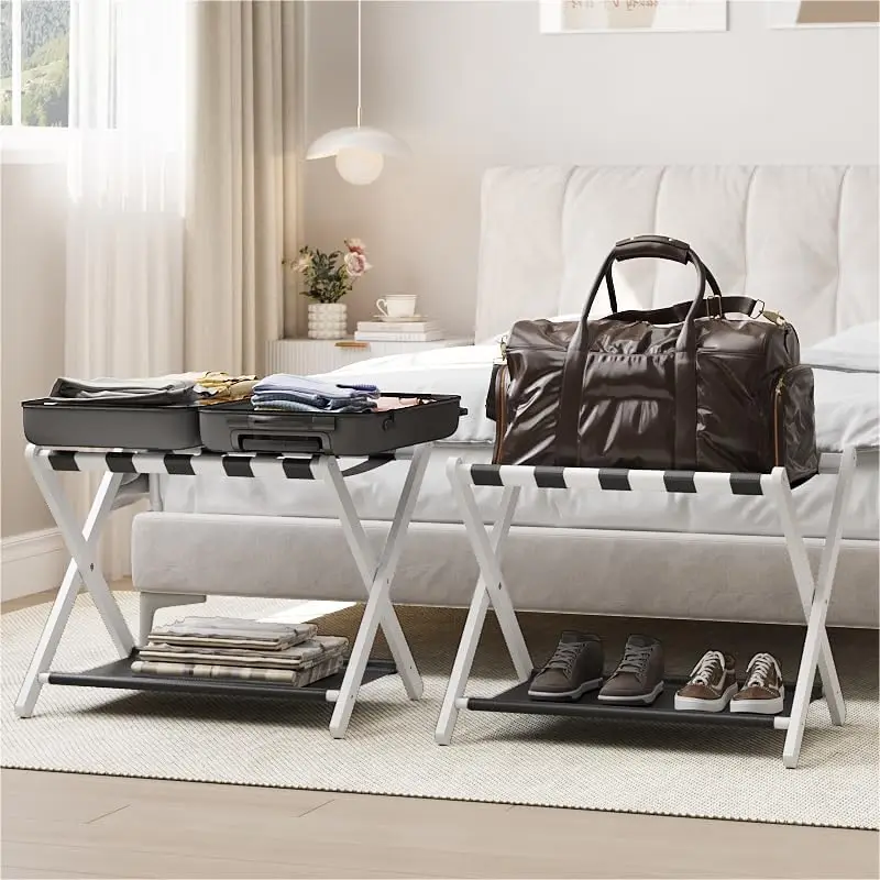 

2 Pack Folding Luggage Rack, White Bamboo Suitcase Stand Holds 131 lb, Storage Shelf for Hotel Bedroom