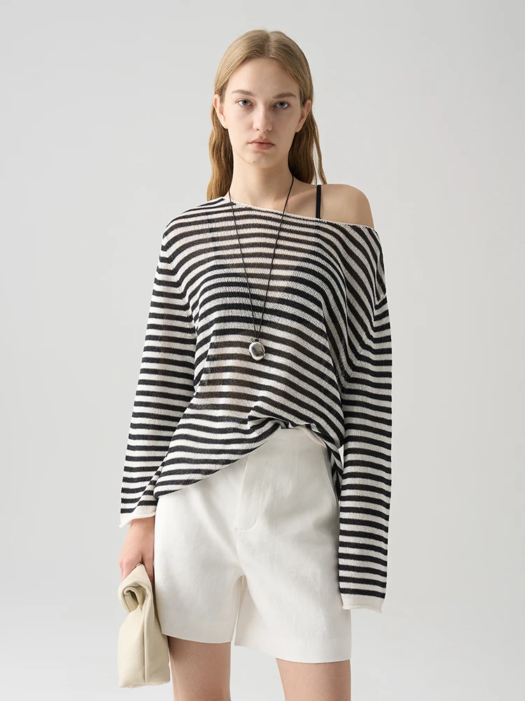 

Свободный длинный вязаный кардиган для женщин с диагональным полосатым узором на плечах для осенней верхней одежды