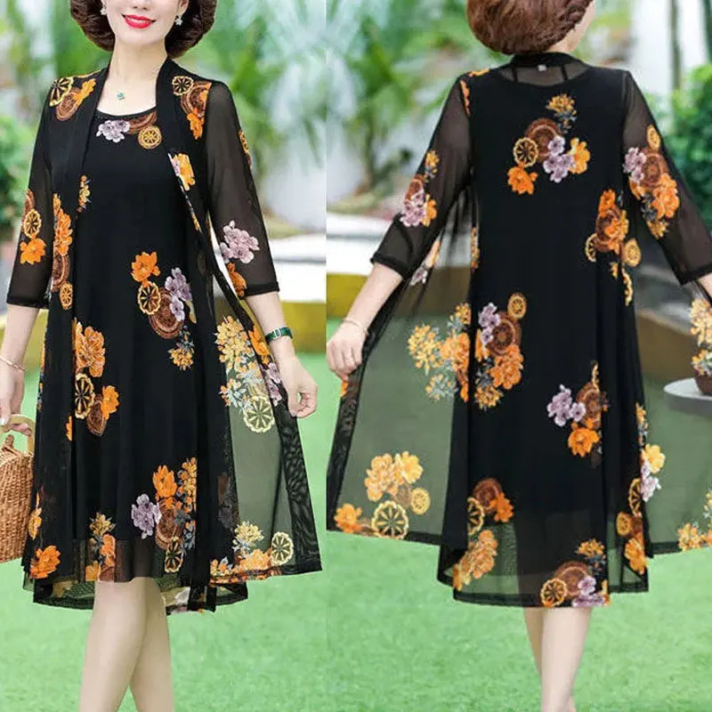 Female Clothing Vintage Floral Printed Matching Sets Two Piece Set Casual O-Neck Summer Fashion Half Sleeve A-Line Dress Sets