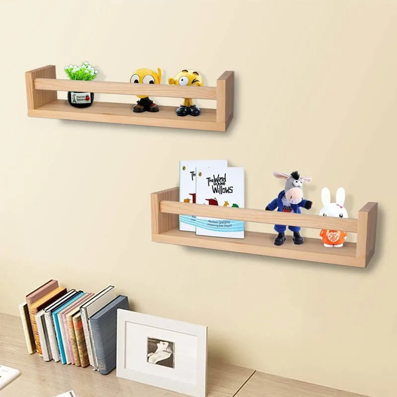 2Pcs Bookshelf Natural Wood Floating Wall Bookshelf for Kids Nursery Shelves for Wall Bathroom Decor Kitchen Spice Rack