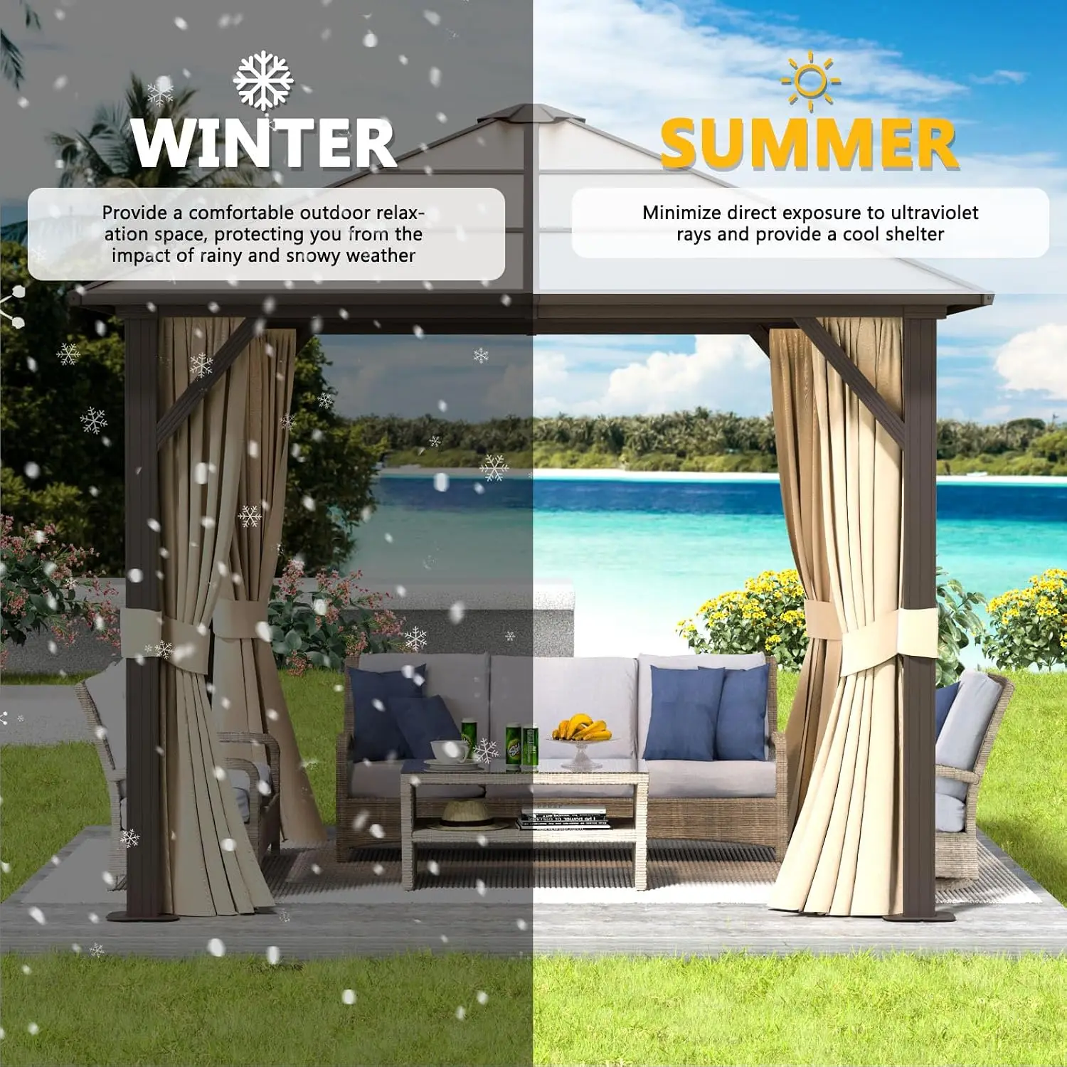 10x10ft Permanent Single Polycarbonate Top Gazebo Sturdy Frame With Curtains and Netting for Patio Backyard