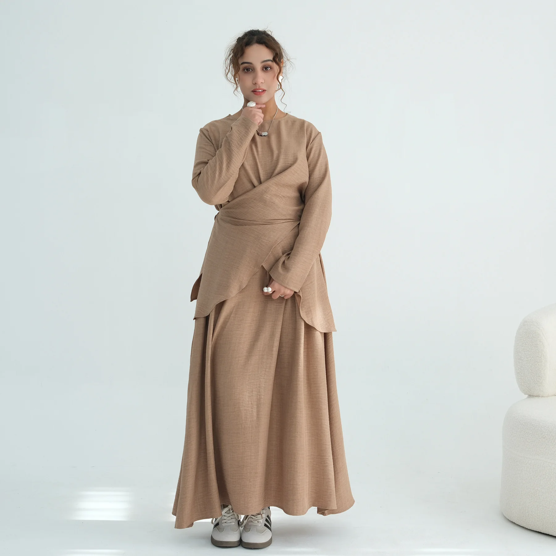 Muslimische Frauen Schnüroberteile und Rock 2-teiliges Set Ramadan Dubai Abaya Türkei Kaftan Eid Outfits Islam Femme Musulmane Ensembles