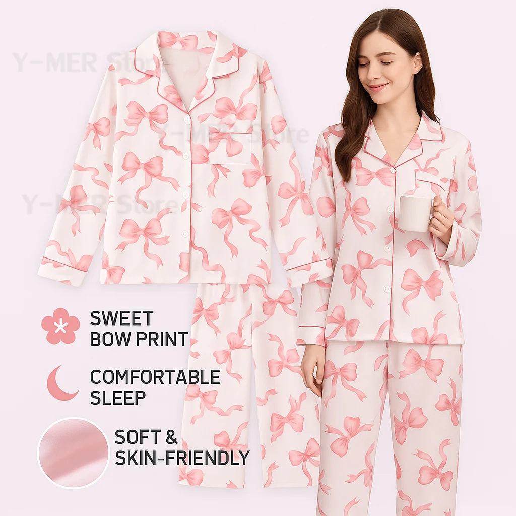 

Sweet Bow Print Pajamas Suit Women Elegant Sleepwear Single Breasted Top Pants 2Pcs Homewear Loungewear Autumn Spring New