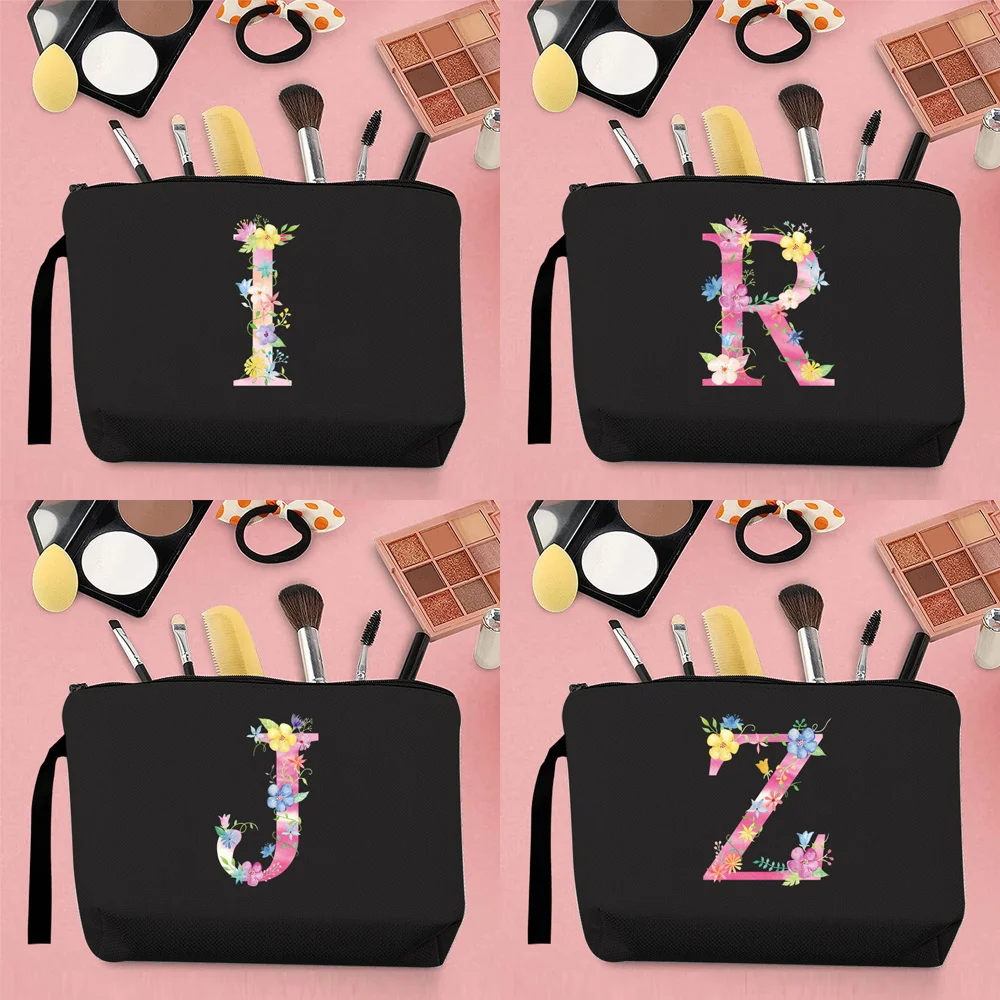 Women's Makeup Bag Portable Makeup Bag Convenient Travel Makeup Bag Canvas Handbag Pink Letter Pattern Jewelry Organizer