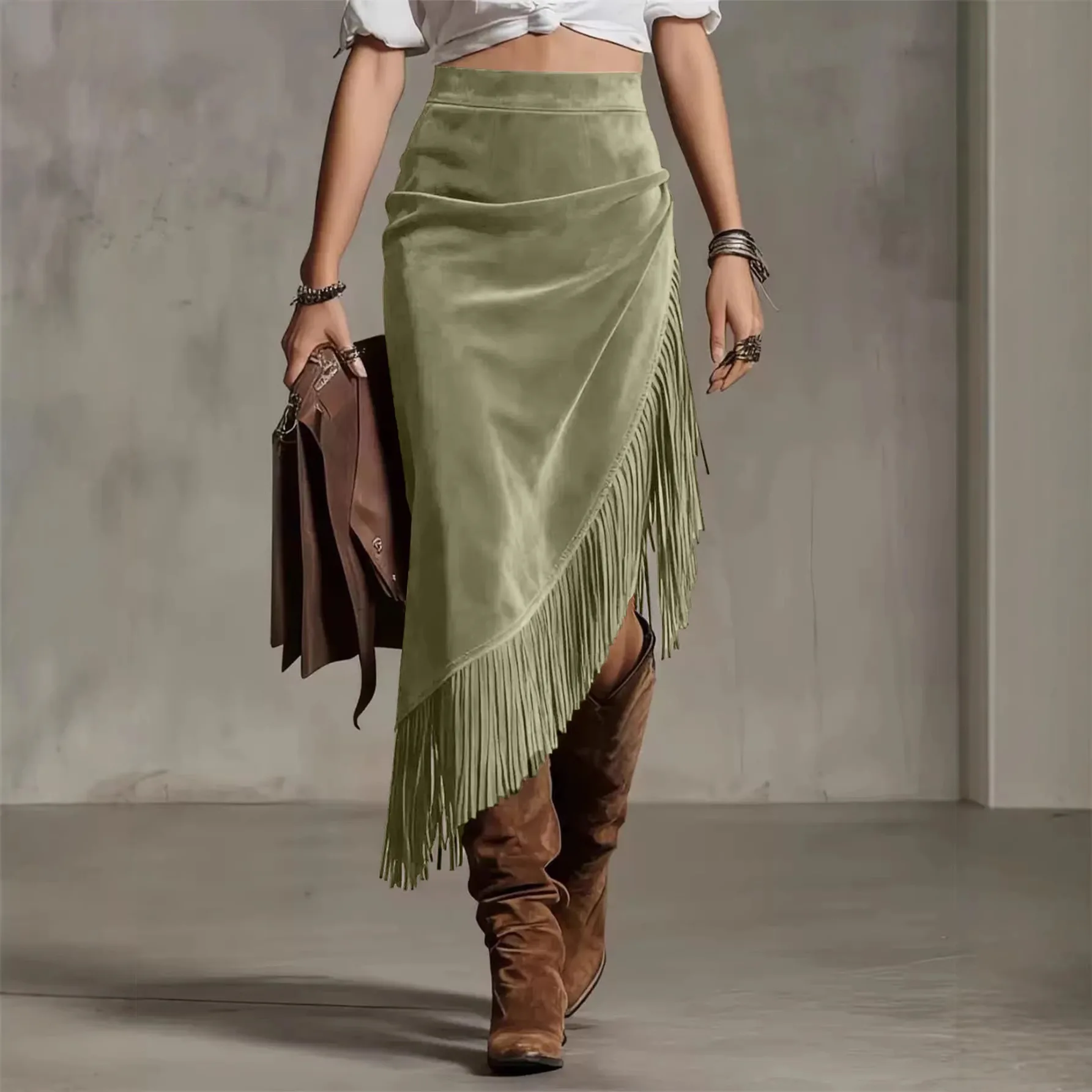 Europäischer und Amerikanischer Retro-Stil Einfarbiger Quasten-Midirock mit Hoher Taille und Asymmetrischem Saum aus Wildleder – Detail 5