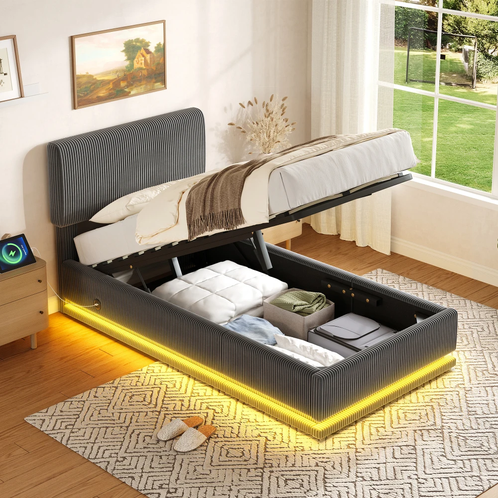 Moderne gestoffeerde bedden met LED-verlichting en USB-C oplaadfunctie, in hoogte verstelbaar hoofdeinde, opbergruimte onder het bed