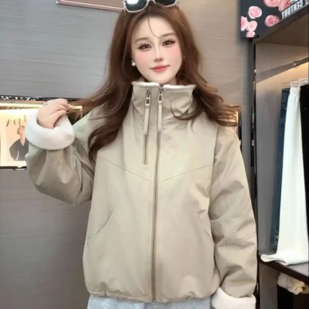 

Короткая осенне-зимняя свободная куртка, повседневная шерстяная корейская хлопковая куртка из ягненка, 1920, женская узкая маленькая парка на флисовой подкладке