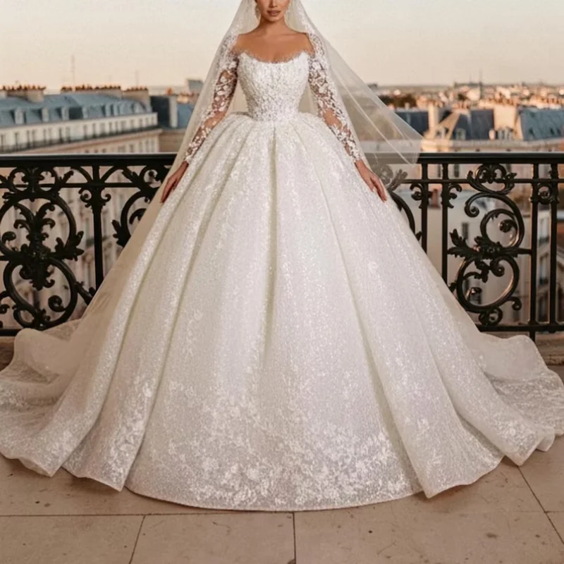 

Элегантное свадебное платье-баллон из кружева с блестками, с длинными рукавами, со шлейфом-катедрал, больших размеров, Vestido De Novia