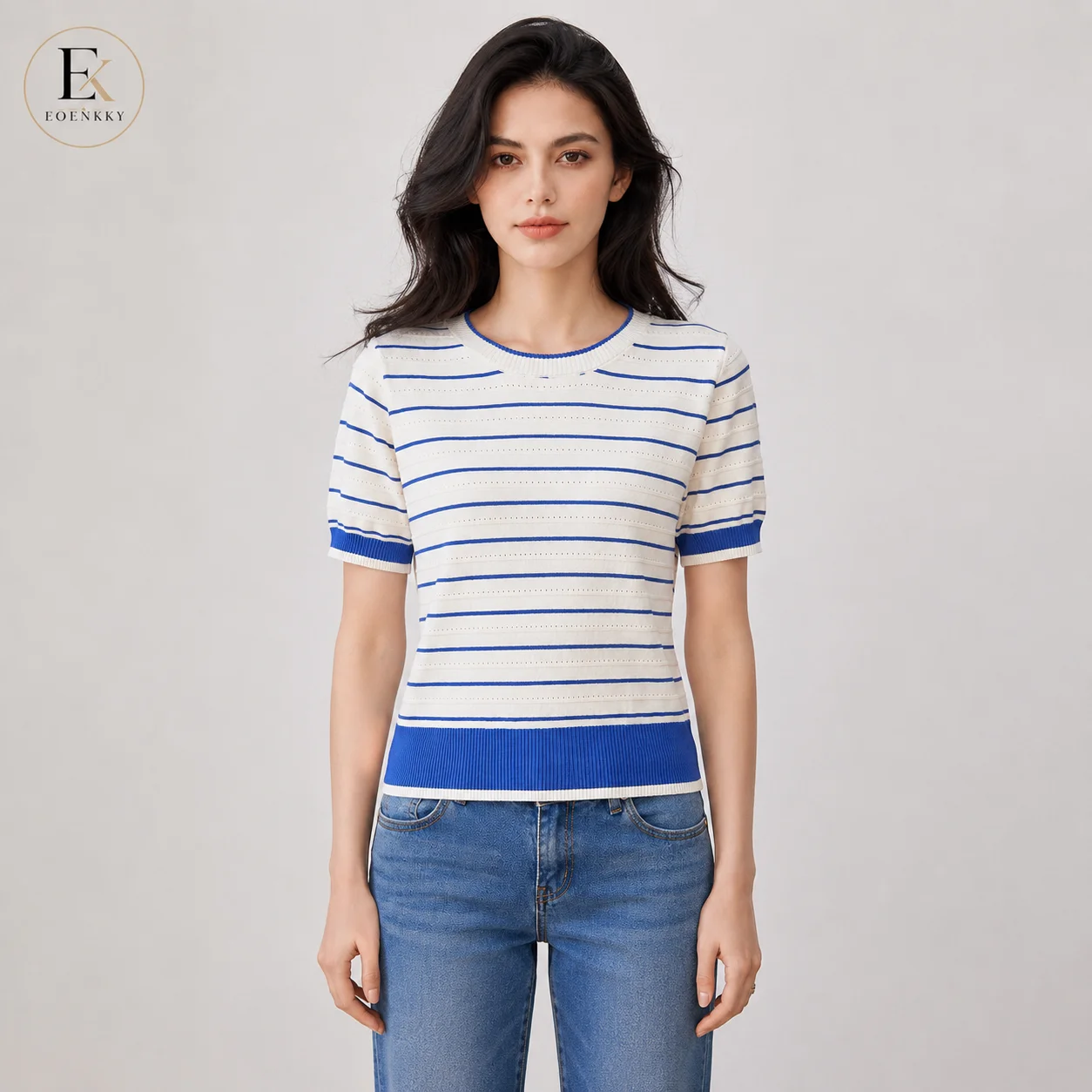 EOENKKY Women Striped Knit T-Shirt Summer 2026 Short Sleeve Crew Neck Contrast Trim Loose Fit French Style Casual Office Top