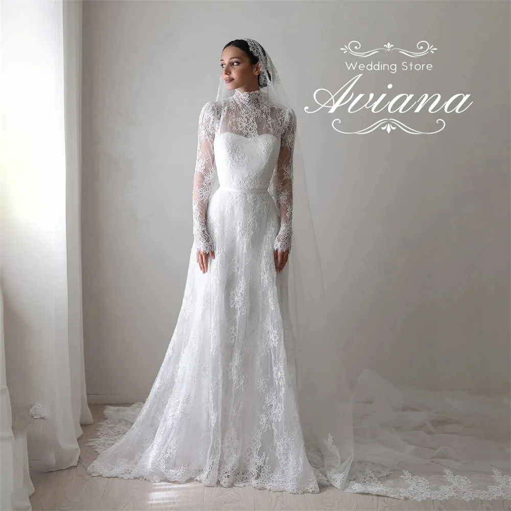 Aviana مخصص الرقبة العالية ثوب الزفاف شير الدانتيل الأكمام كامل الدانتيل الزينة قطار طويل أنيق فاخر اليدوية الساحرة
