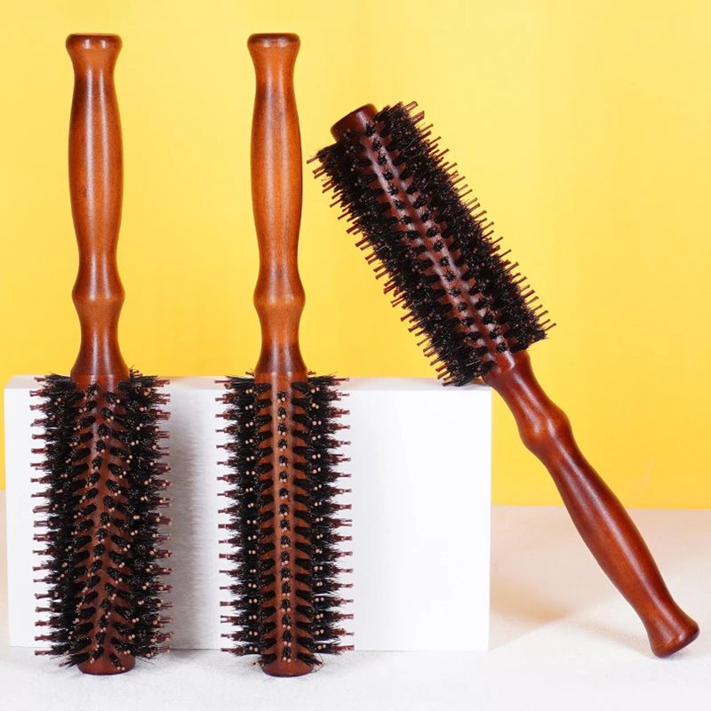 Straight Twil Javali Cerdas Rodada Rolling Brush Wood Handle Barrel Hair Curling Hair Comb Ferramenta de cabeleireiro