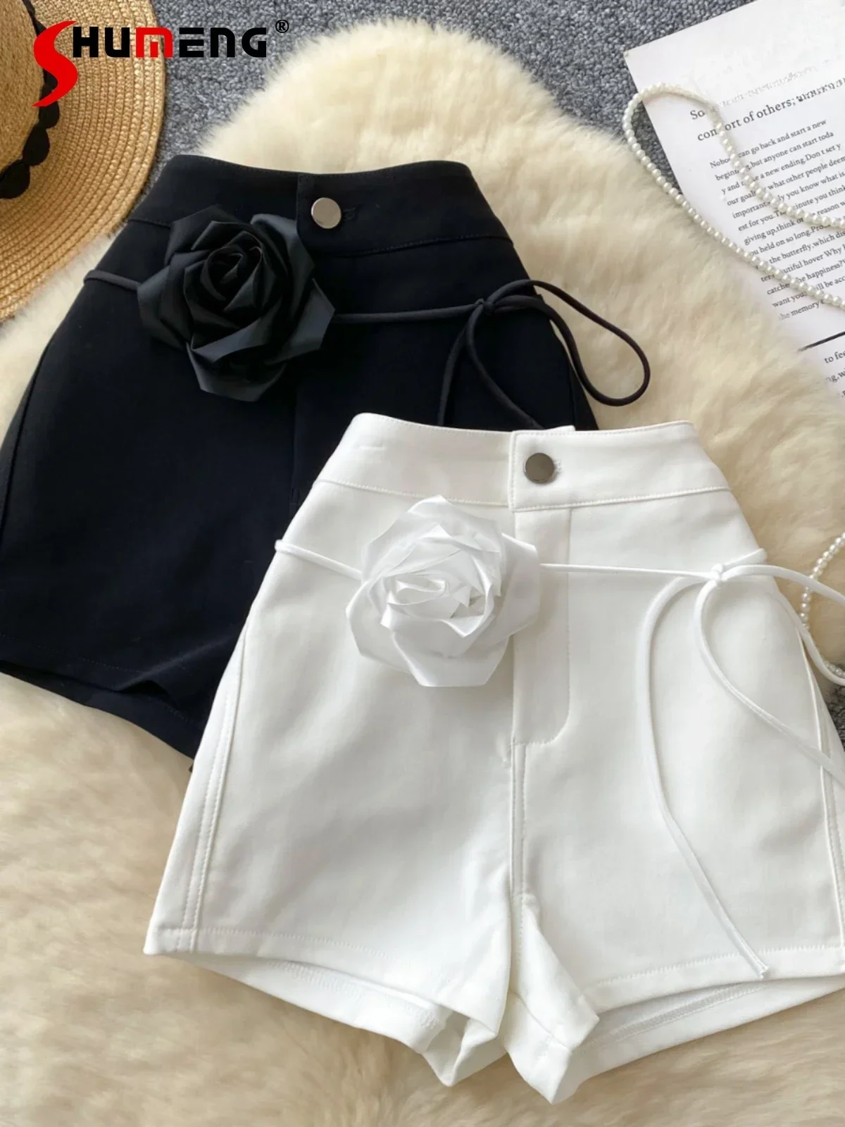 

Sexy High-end Rose Flower Lace-up Decorative High-waist Shorts Women's Slimming Versatile Chic Solid-color Casual Wide-leg Pants