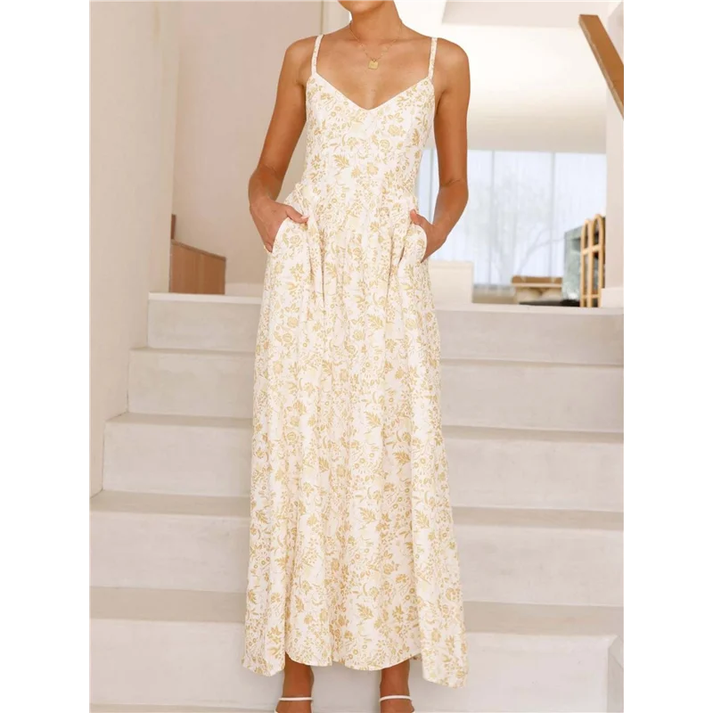 A09P Womens 2025 Summer Maxi Dress Sleeveless Floral Smocked Boho Beach Long Dress