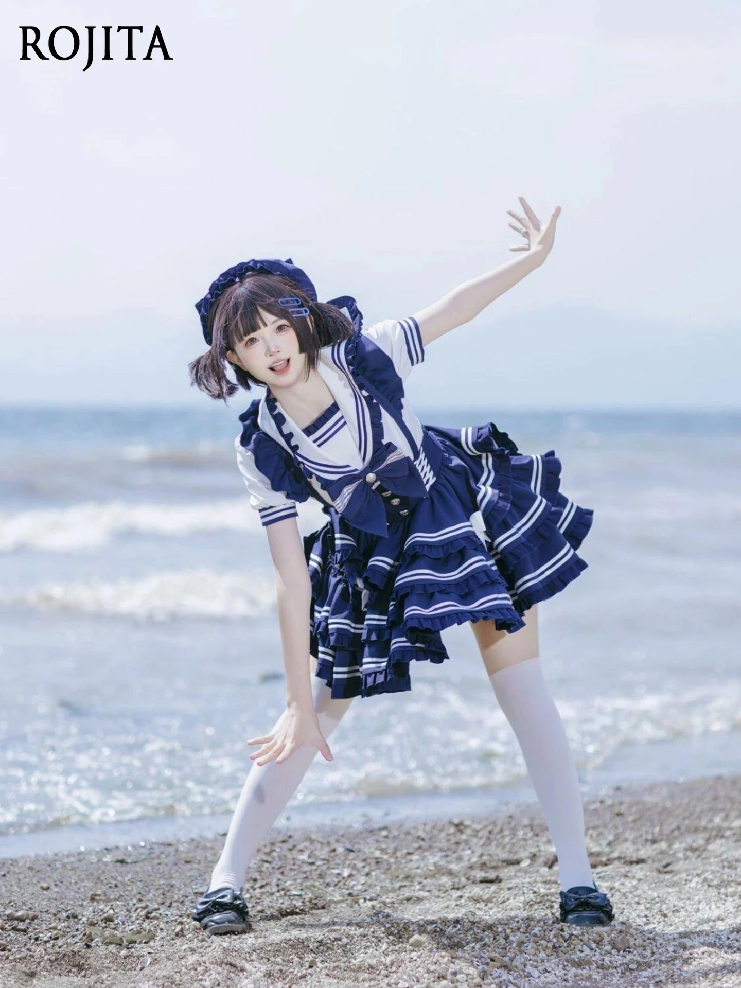 

Academy Style Sweet Sailor Navy Bow Top Splicing High Waist Slim Puffy Cake Skirt Two-piece Sets Women Outfits Summer Suits