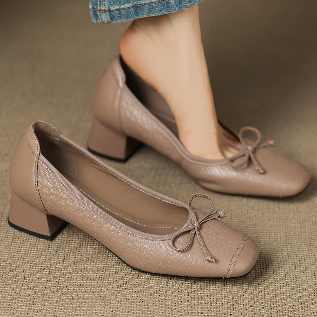 

Большие размеры 34–41, женские туфли-лодочки из овчины с квадратным носком и милым бантом, элегантные женские туфли-лодочки на среднем каблуке толщиной 4 см, повседневные тонкие модельные туфли