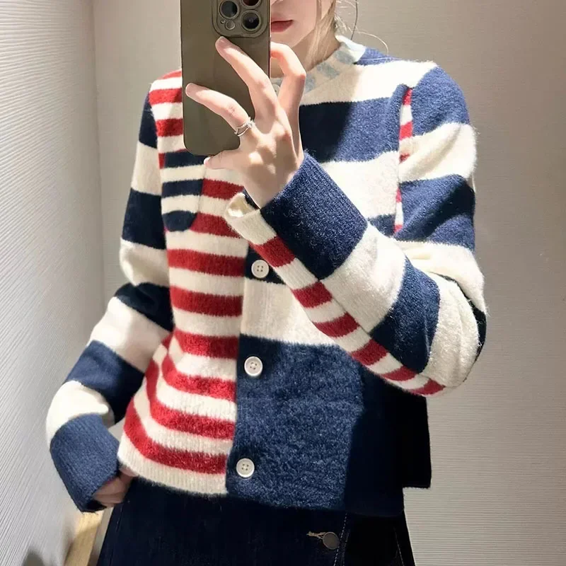 Japanese Knitted Sweater Retro College Wind Blue Red Contrast Stripe Round Neck Asymmetric Cardigan Small Fragrant Sweater Women