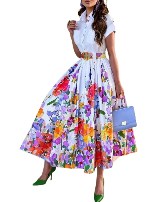 2023 Summer New Casual Commuting Women's Dress Fashion Elegant Commuting Floral Print Ruched Buttoned Shirt Dress Ottd