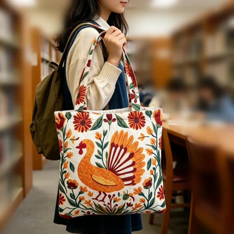 2Pcs Floral Turkey Print Tote Bag with Free Cosmetic Bag Large Capacity Women Shoulder Handbag Casual Shopping Beach Travel Bag