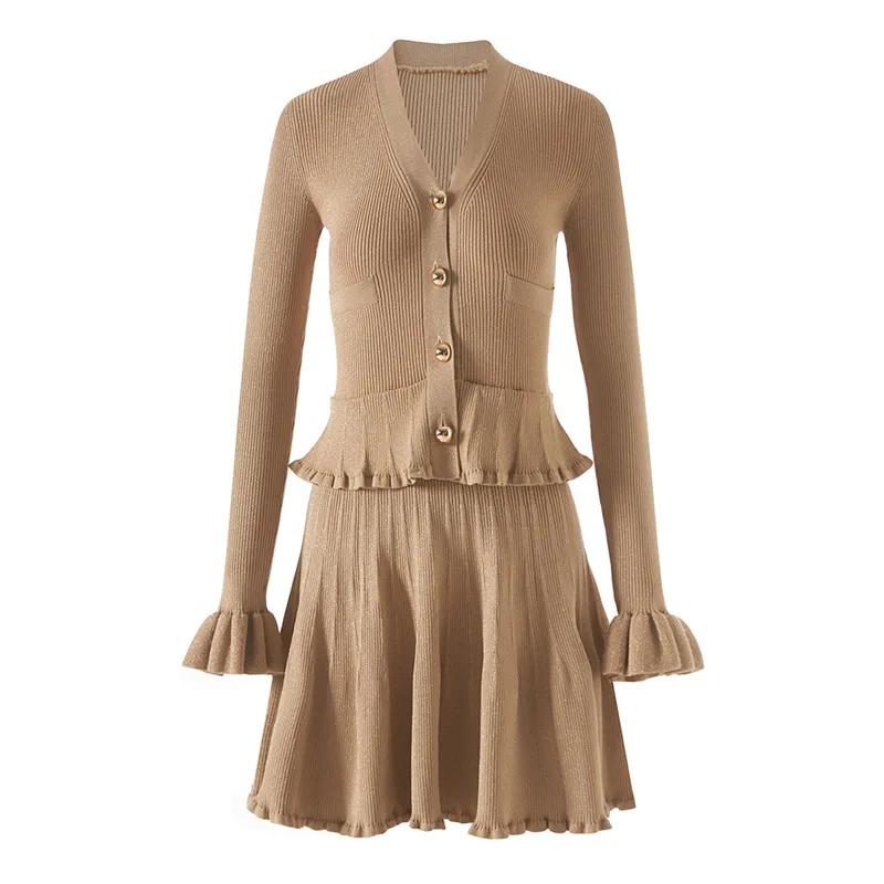 

New Women V-Neck Knitted Cotton Dress Elegant Long Sleeve Ruffles Dresses