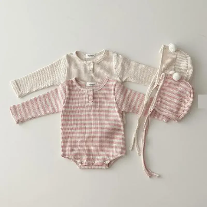 

Spring Autumn Newborn Girl Infant Ribbed Solid Casual Long Sleeve Bodysuit + Lacing Caps 2pcs Boy Baby Cotton Striped Onesie