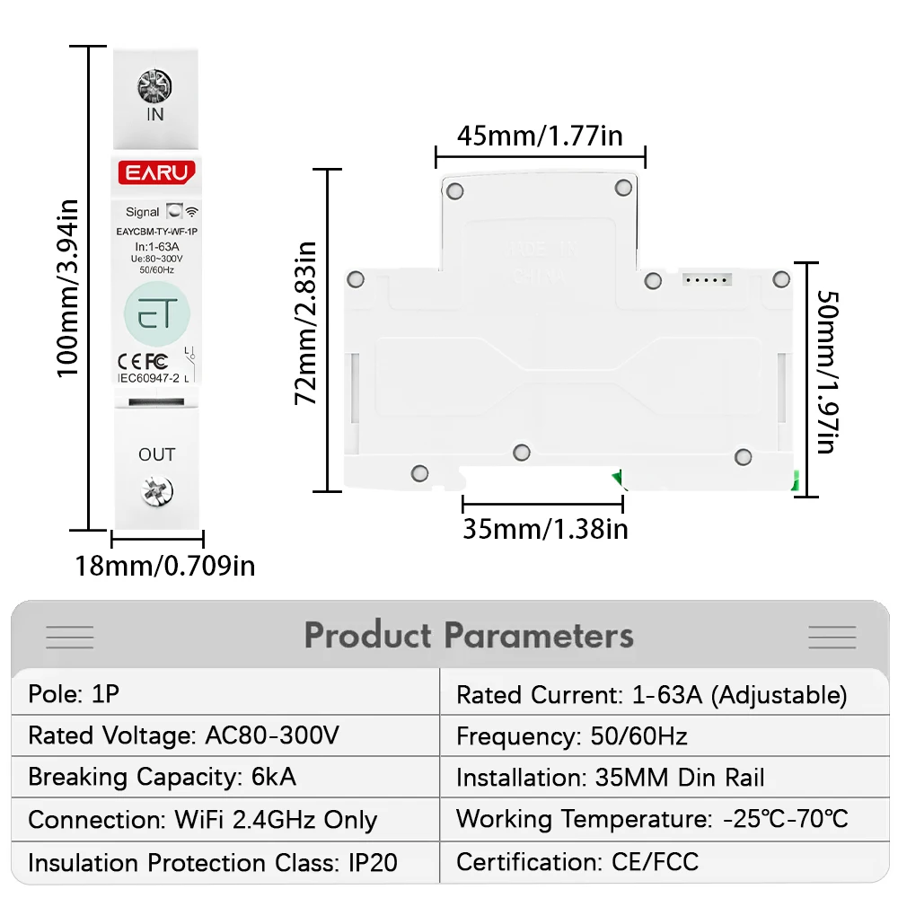 Tuya WiFi MCB Smart Circuit Breaker 1P 63A Switch Energy Meter Timer Relay kWh Voltage Current Protector Voice Remote Control