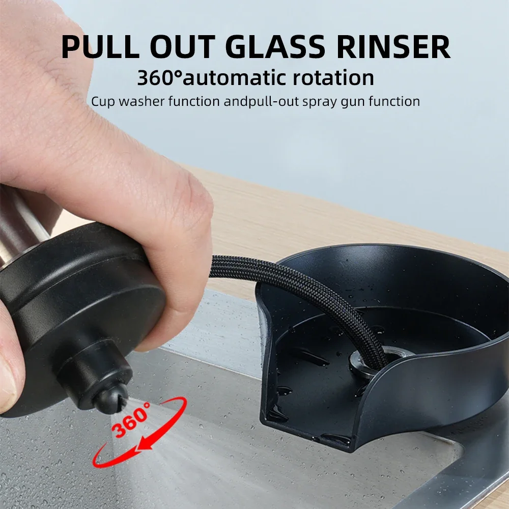 Glass Rinser for Kitchen Sink Cup washer for sink Faucet Bar Glass Rinser 360 Degree Rotating Spout with Pull-out Spray Design
