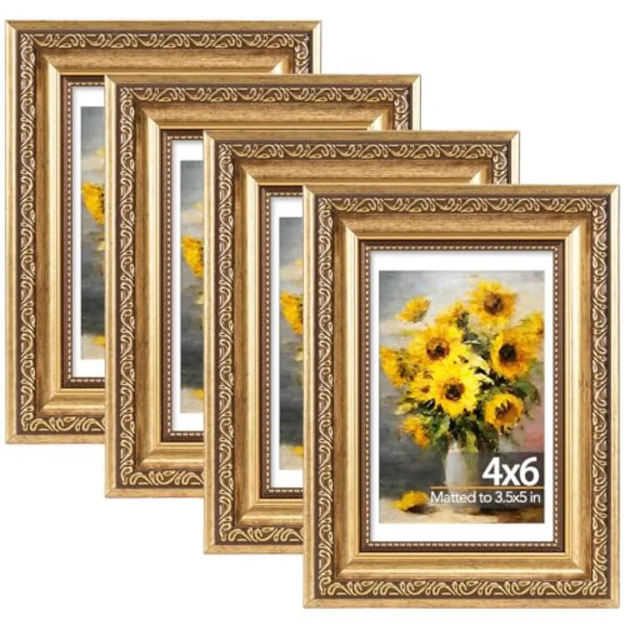 

4x6 Vintage Picture Frame with 3.5x5 Mat Set of 4, Elegant Retro 4 by 6 Photo Frame with Shatter-Resistant Plexiglass for Wall