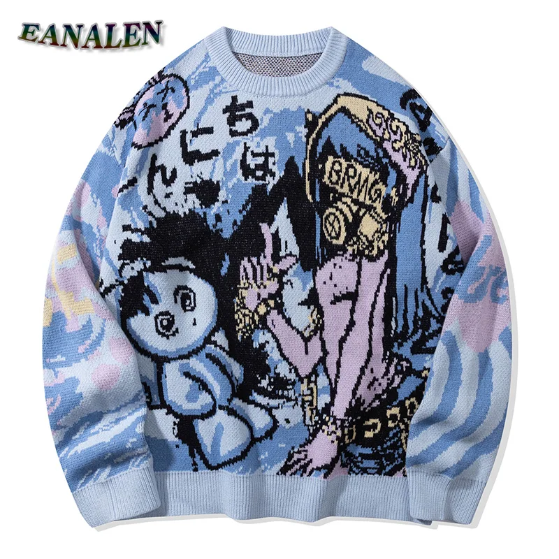 

Harajuku Vintage Japanese Cartoon Anime Knitted Sweater Men's Winter Designer Casual Oversized Jumper Pullover Grandpa Ugly