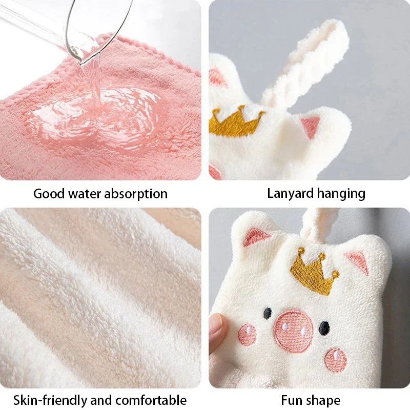 1PC Cute Crown Pig Hand Towel Coral Velvet Soft Absorbent Cloth Dishcloths Hanging Cloth Kitchen Bathroom Lazy Rag Wipe Towel