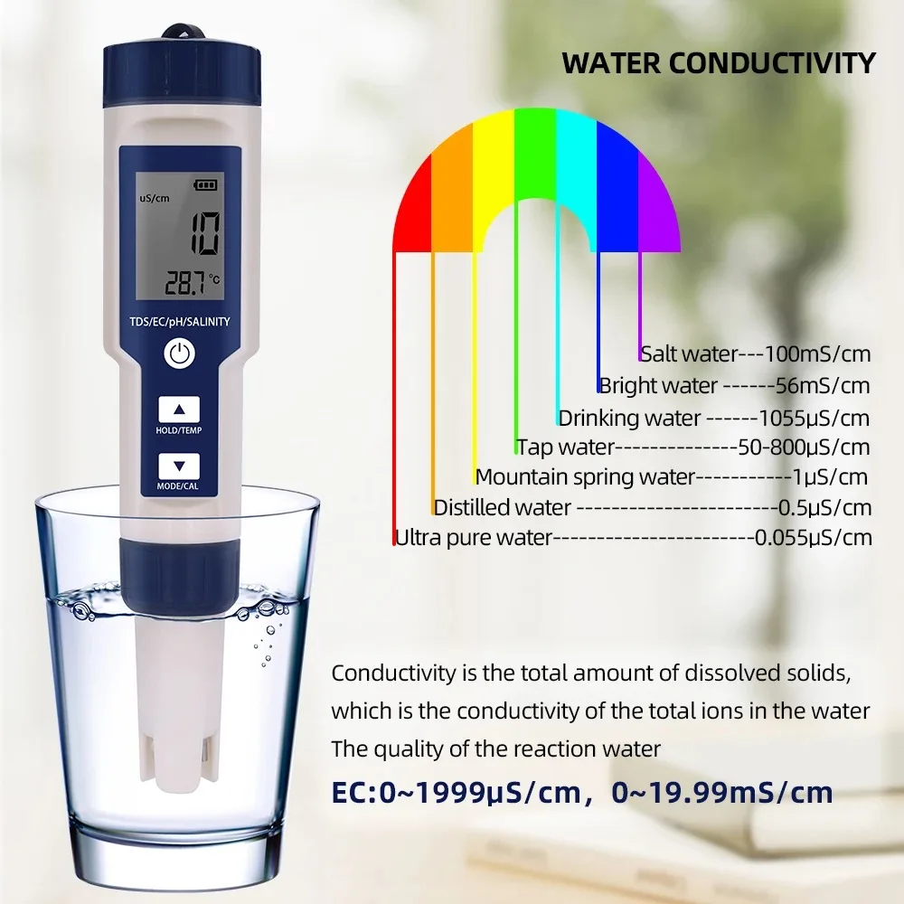 5 IN 1 PH Temperature TDS EC Salinity Meter Digital Waterproof With Automatic Calibration Function Water Quality PH Tester