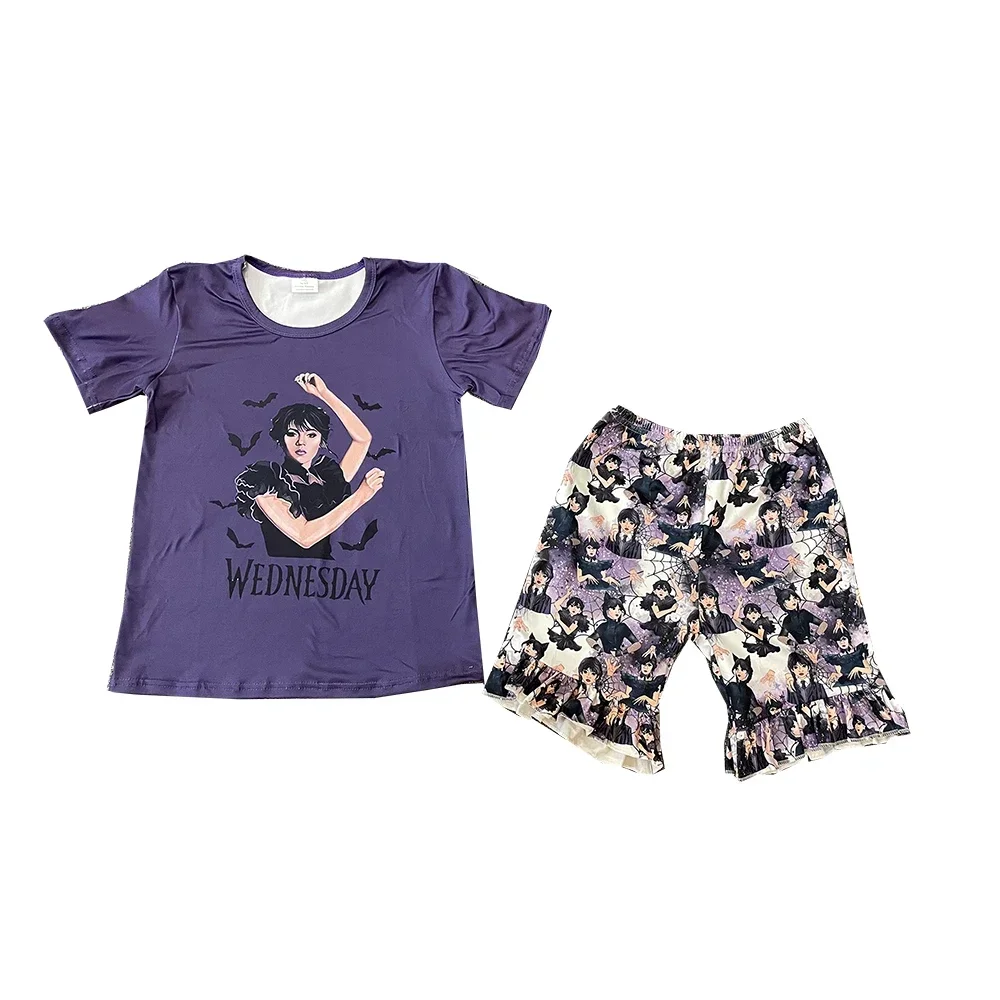 Wednesday Series Latest Popular Summer Girls Short Sleeve Set Purple Printed girls clothes sets for children girl outfits