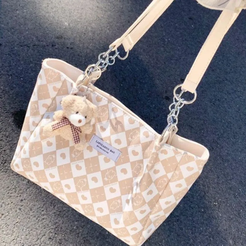 

JIAERDI Sweet Cute Khaki Tote Bag Women Diamond Heart Print Large Capacity Shoulder Bag Ladies Daily Casual Fashion Handbag 2025