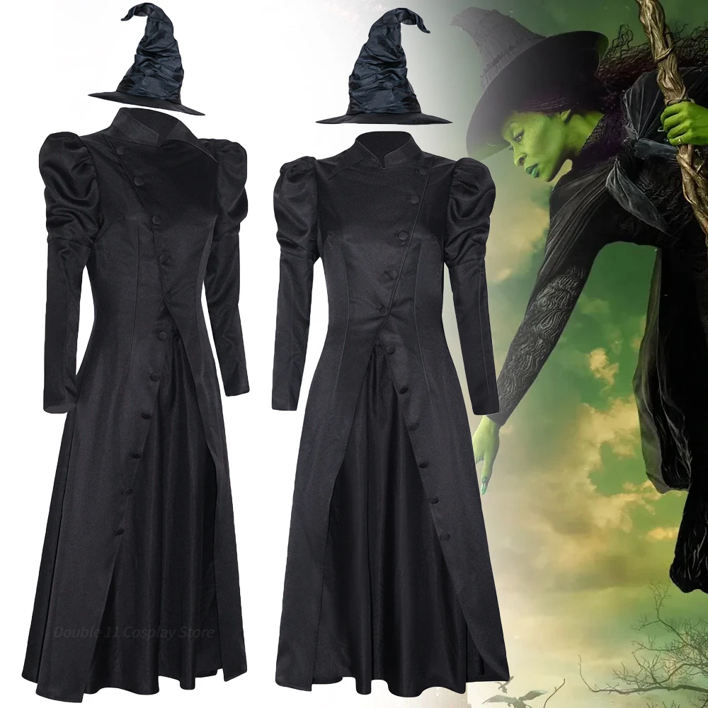 

Movie Wicked Elphaba Cosplay Costume Adult Women Wizard Robe Dress Set Witch Uniform Halloween Party Clothes Outfit