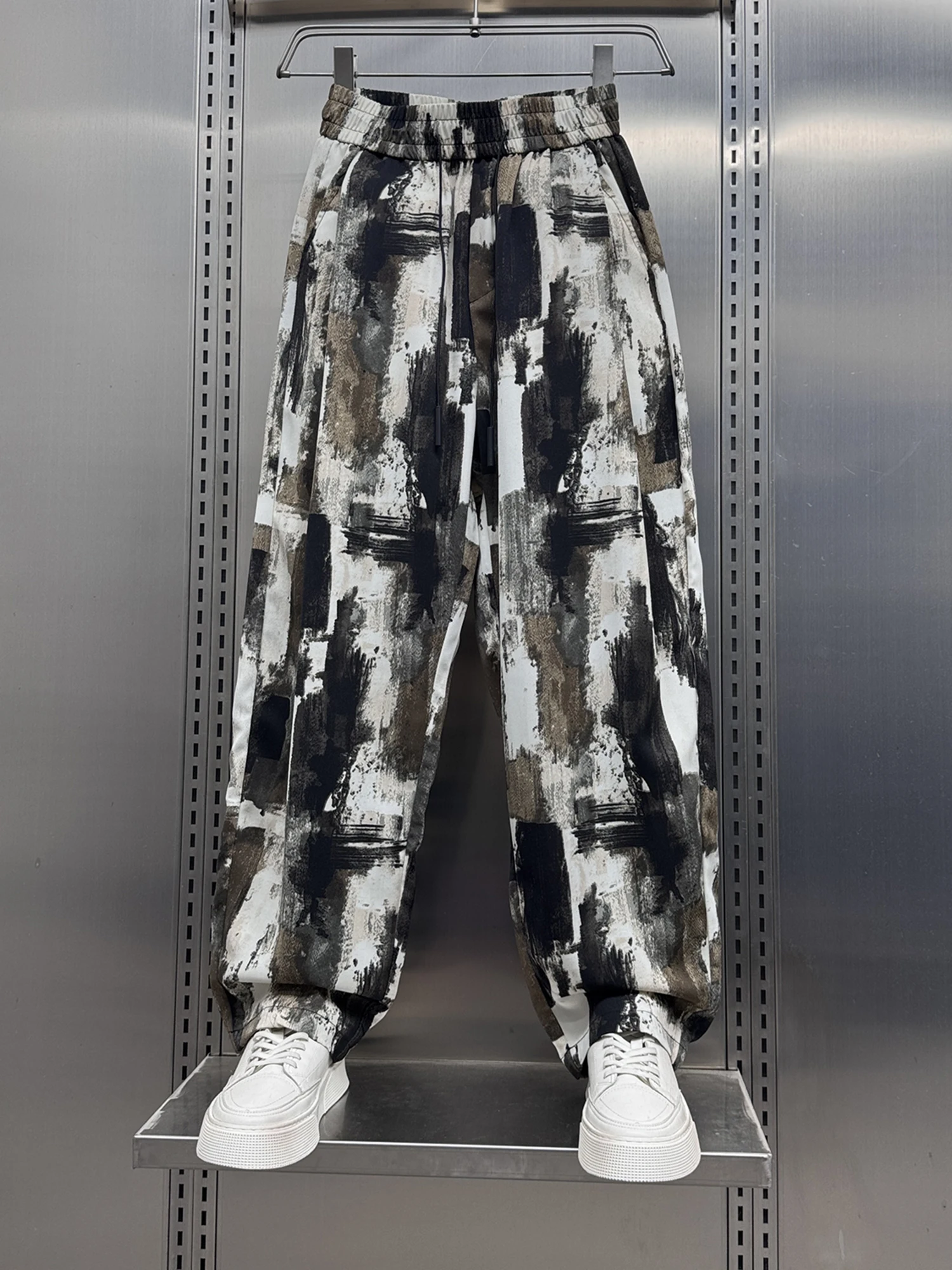 2025 Summer New Ink Tie-dye Flower Pants Men's Ice Silk Drape Cool Feeling Versatile Loose Straight Casual Pants