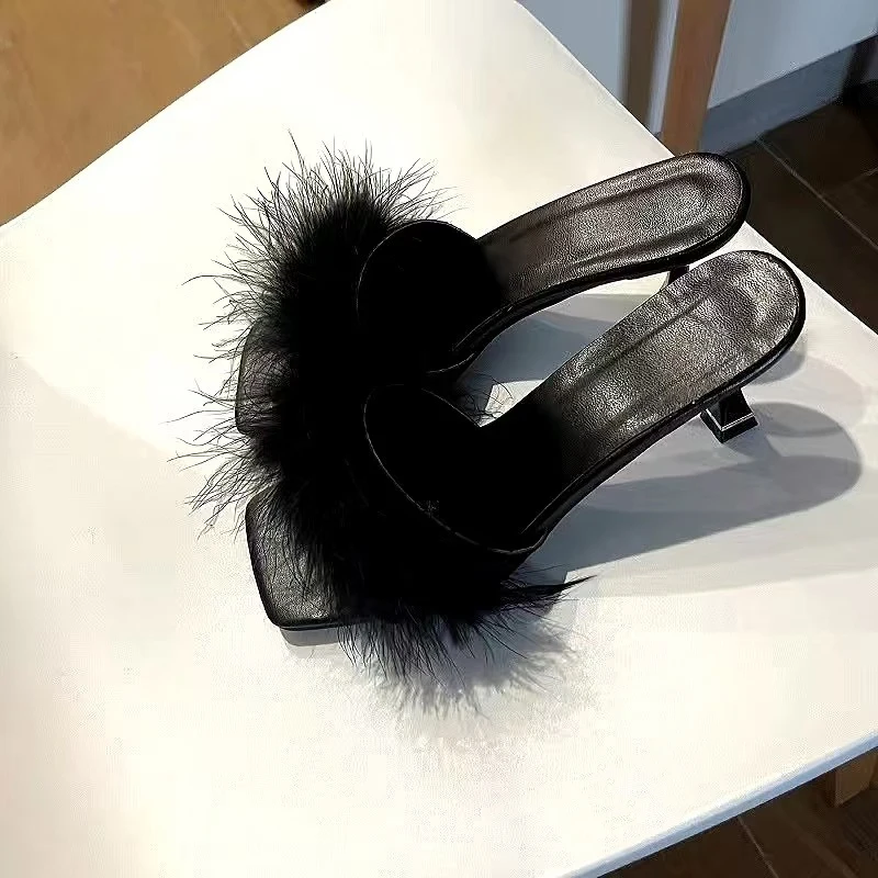 Summer New Sexy Feather Woman Slippers High Heels Fur Stiletto Peep Toe Mules Lady Slides Shoes  Высокія папернікі