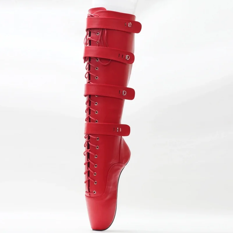 18cm Strange Heelless Women Ballet Boots,Fetish Knee High Booties,Men Cosplay Shoes,Locks Straps Long Botas,Custom Colors,Red