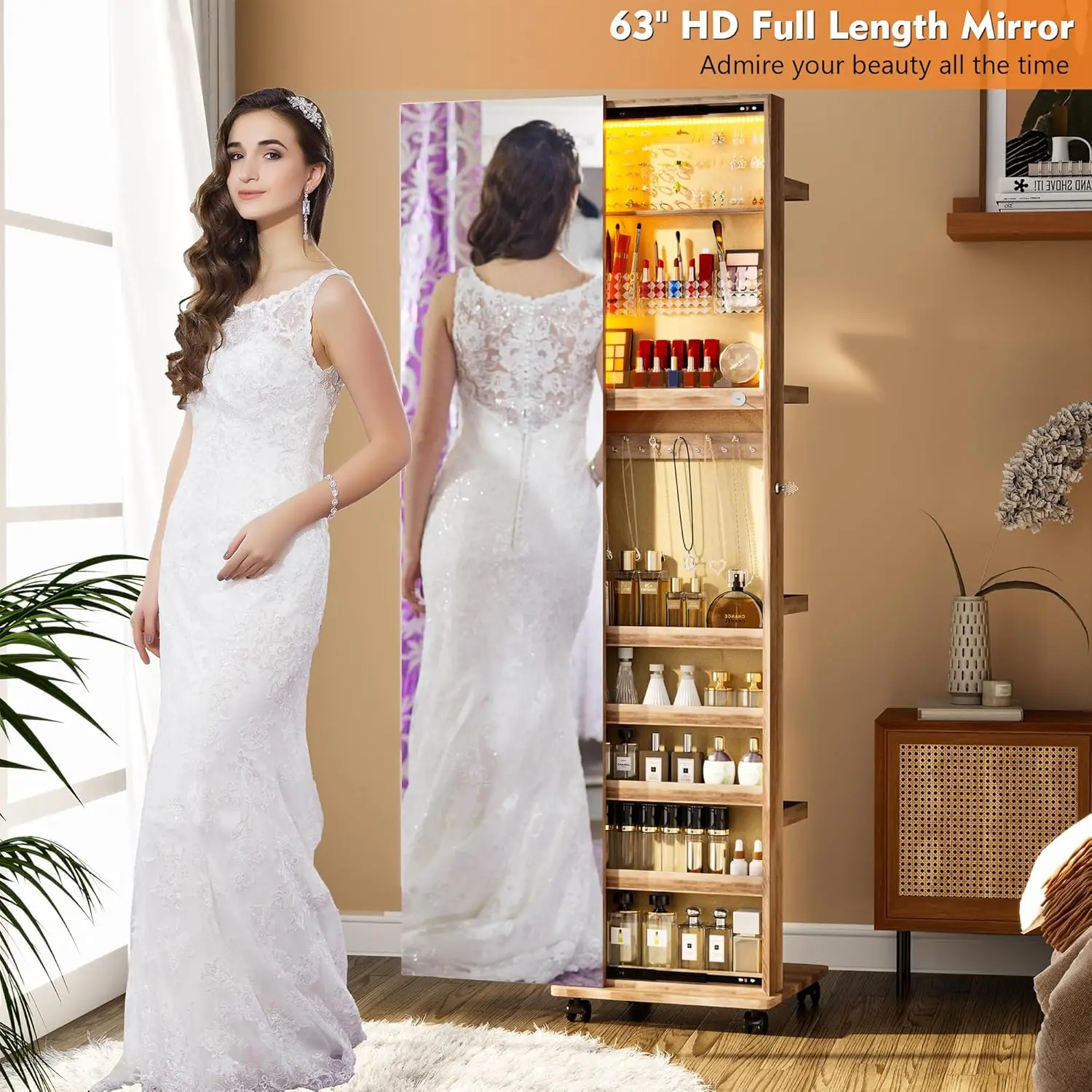 360° Rotating 63''LED Jewelry Armoire, Full Length Mirror with Jewelry Storage Rear Storage Shelves