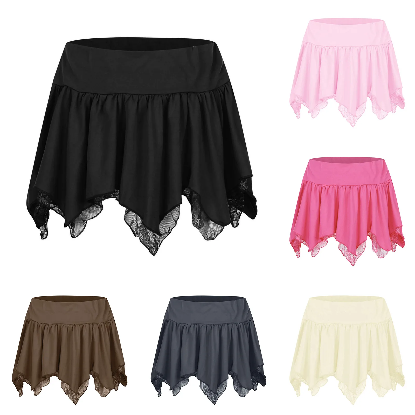 

Irregular Pleated Skirt Party Clubwear Fairy Grunge Streetwear Women Lace Ruffle Hem Mini Skirt Summer Casual Solid Low Waist