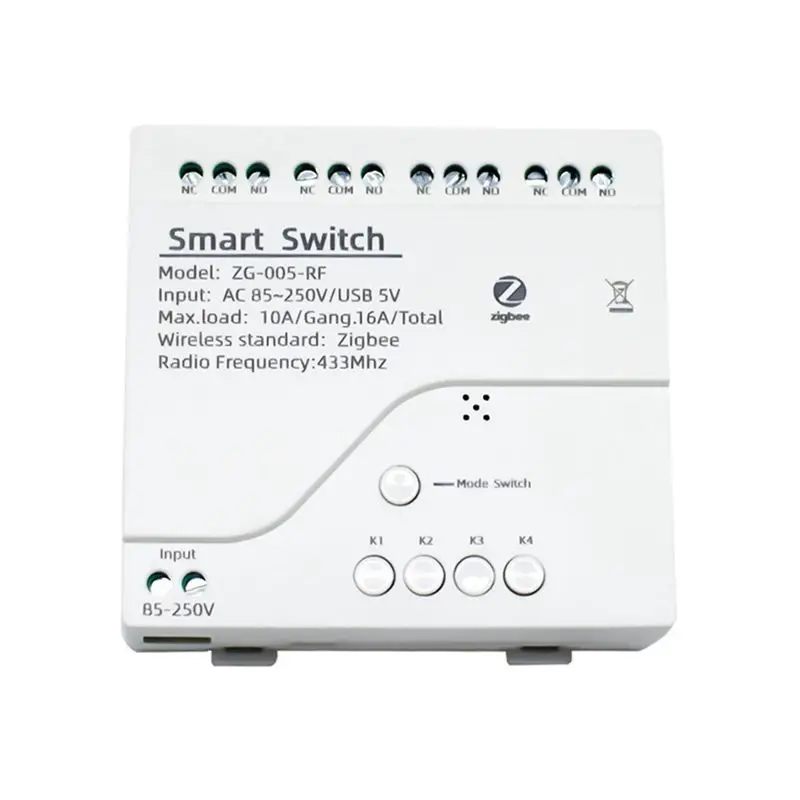A93E-4X 4CH Zigbee Smart Light Switch Module AC 85-250V RF433 Receive 10A Relays Work With Alexa Assistant,Tuya Smart Life