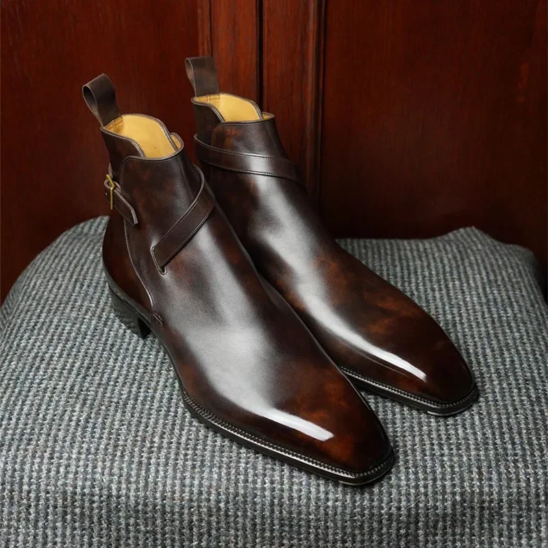 Nowe brązowe krótkie buty męskie z czarna klamra paskiem modne botki biznesowe kwadratowe buty męskie