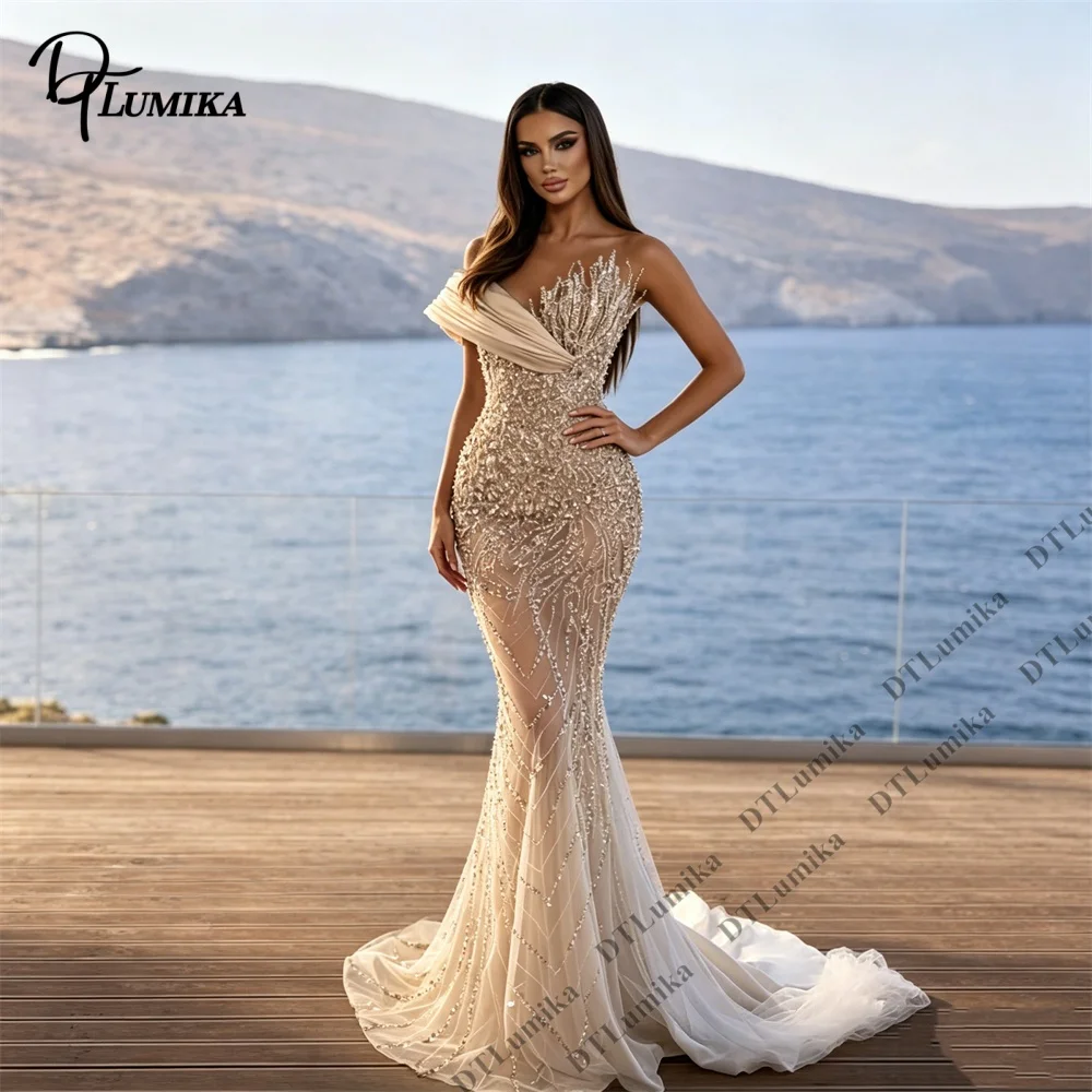 

DTLumika Tailored Fitting Illusion Beaded Evening Dresses for Women 2026 One Shoulder Luxury Party Gowns Stage Show Pageant Gown