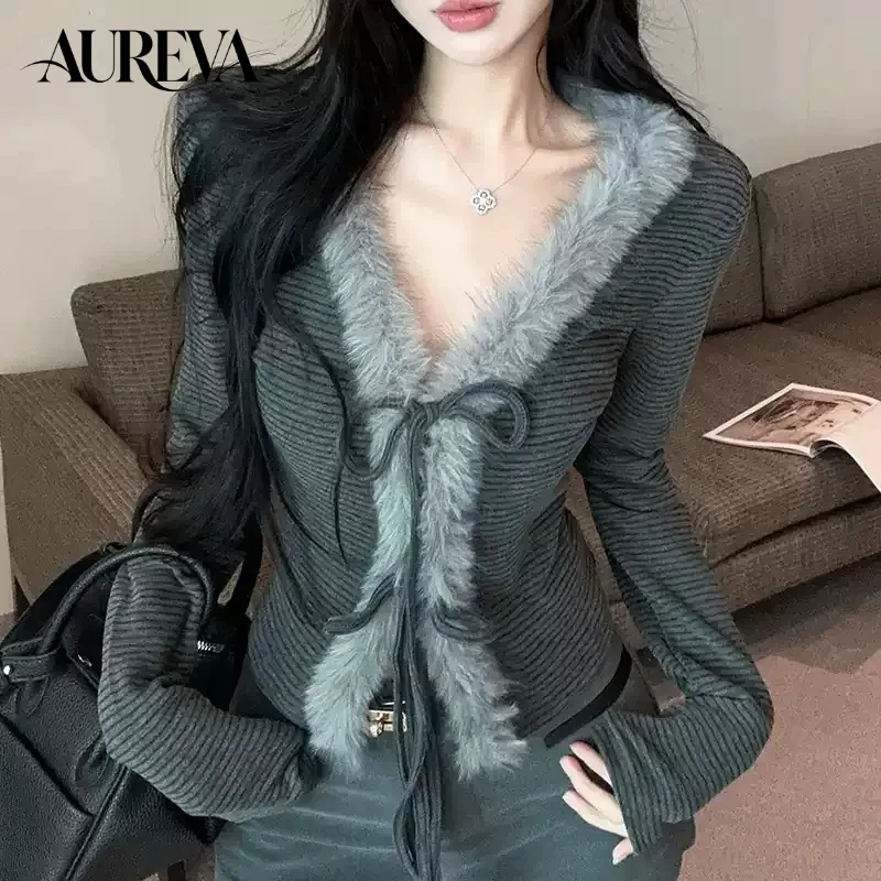 Korean Retro Y2K Women's Fluffy V-Neck Tie Long Sleeve T-Shirt Slim Crop Top Striped Cardigan Jacket Sexy Lady Outfit