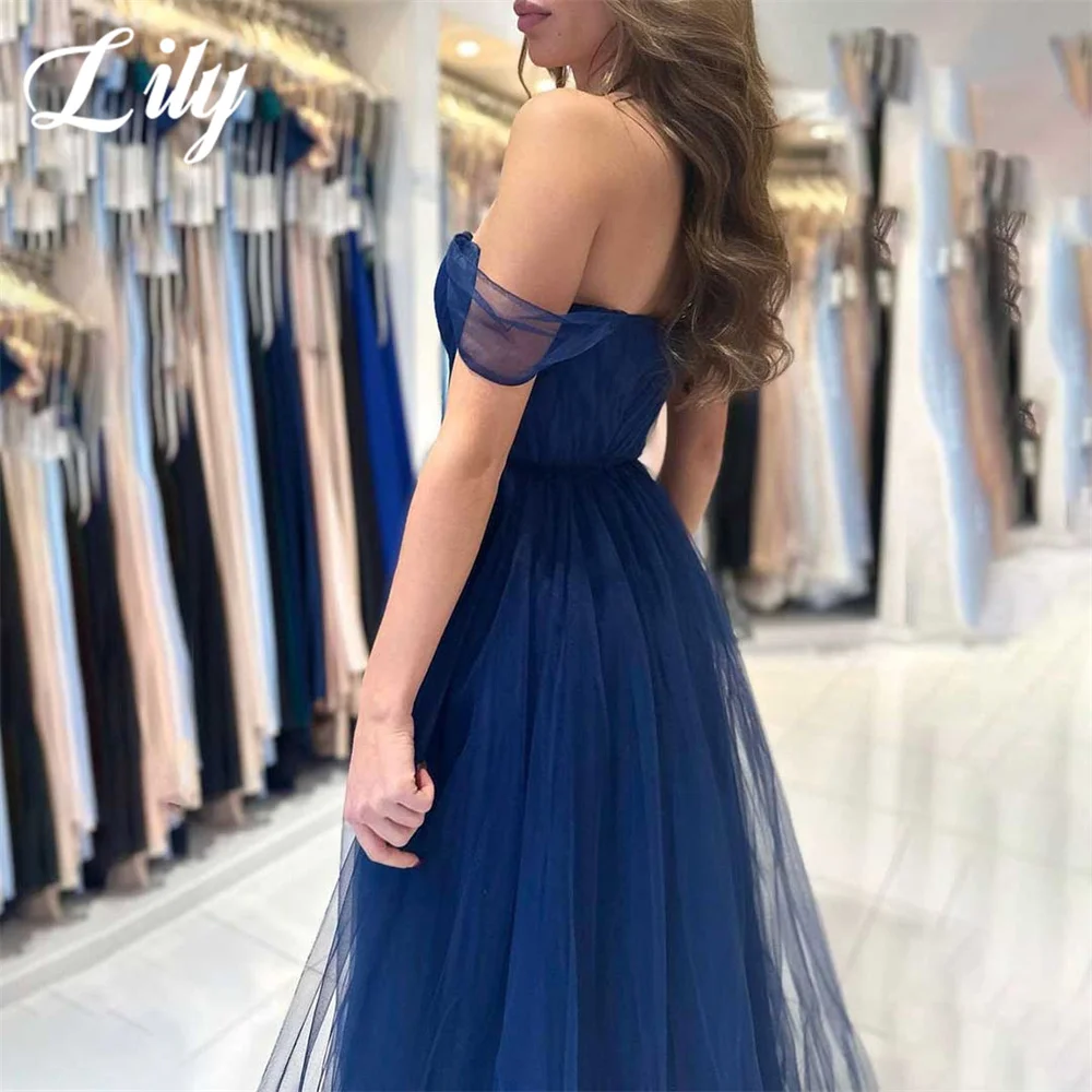 Lily Navy Blue A Line Formal Dress Tiered Sweetheart Party Dress with Pleats Off The Shoulder Special Occasion Dress robe soirée