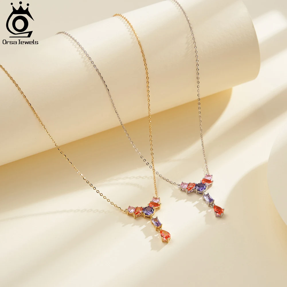 ORSA JEWELS 925 Sterling Silver Y-Shaped 4A Cubic Zirconia Pendant Necklace for Women Handmade Necklace Party Jewelry Gift EQN74