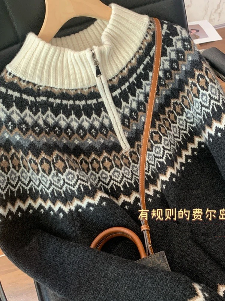 

Новый серый свитер с полумолнией, женский свободный кашемировый свитер с полувысоким воротником Feld Island, свитер, пальто